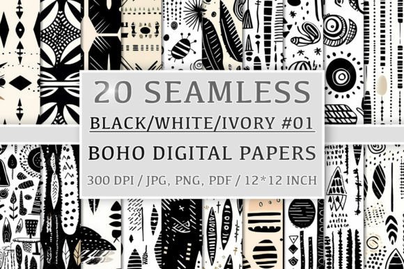 20 Seamless Black White Ivory Boho Set 1