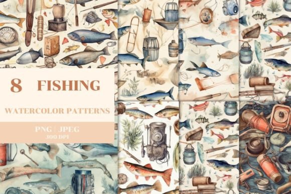 8 Watercolor Fishing Pattern for Creative Projects