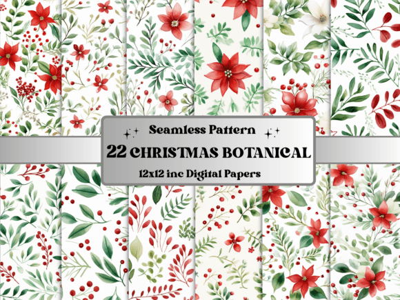 Embrace Festive Elegance with 22-Piece Christmas Botanical Seamless Pattern Digital Papers