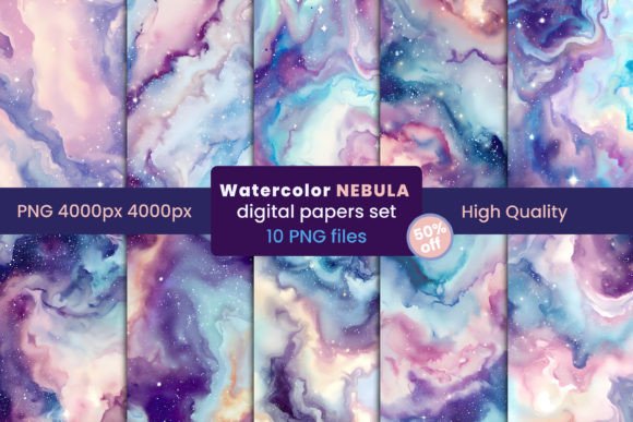 Experience Heavenly Artistry with the Watercolor Nebula Digital Papers Set PNG