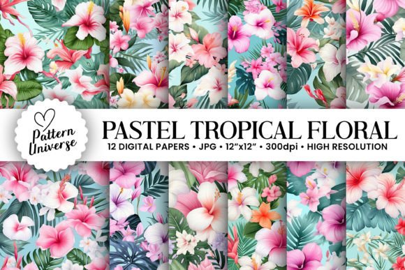 Pastel Tropical Flowers Digital Papers