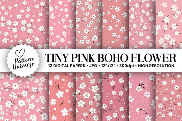 Tiny Pink Boho Floral Digital Papers