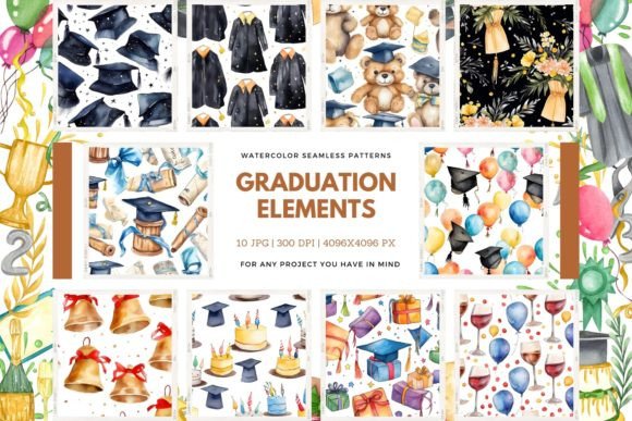 Watercolor Graduation Seamless Patterns